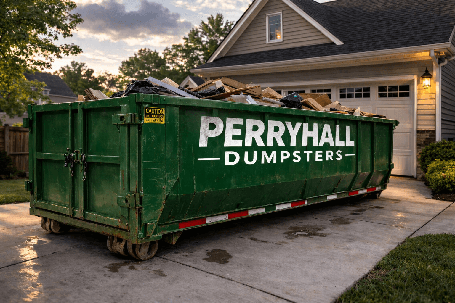Perry Hall Dumpsters - Green dumpster on residential driveway